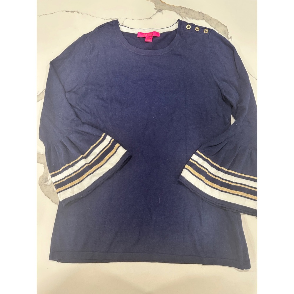 Lilly‎ Pulitzer Navy Blue Bell Sleeve Sweater Size Medium Gold Button Detail